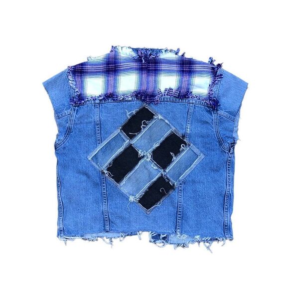 VINTAGE 2004 Levi's Patchwork Denim Jacket Vest Blue Small - Picture 1 of 16